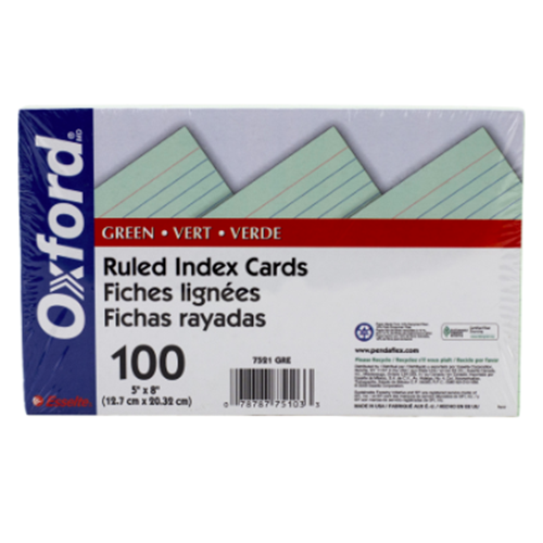 Card, Index, Size 8 in X 5 in, Green, 100 Cards/pack