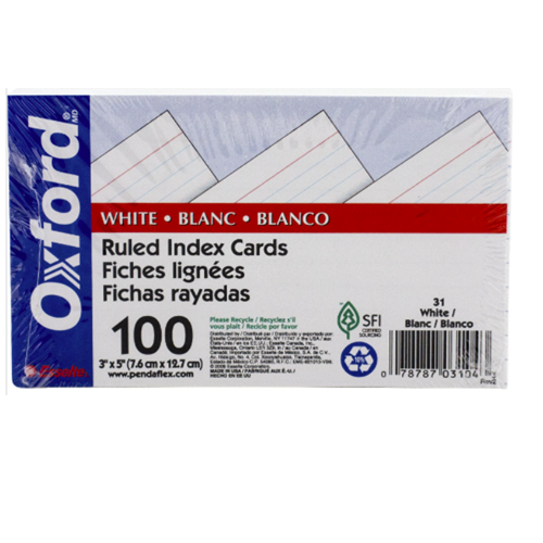 Card, Index, Size 8 in X 5 in, White, 100 Cards/pack
