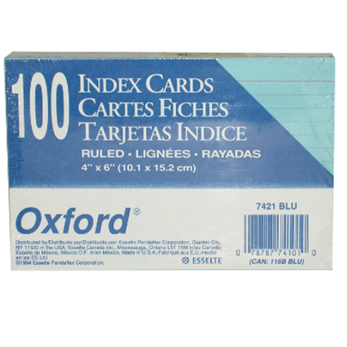 Card, Index, Size 6 in X 4 in, 100 Cards/pack