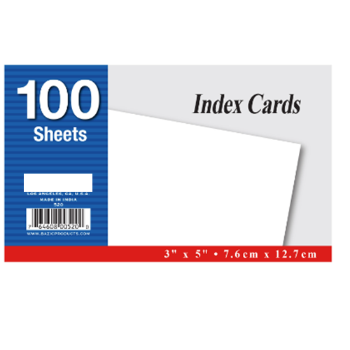 Card, Index, Size 3 in X 5 in, White, 12 Pcs/pack